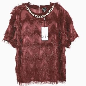 Nwt CIEN Wine Fringed Chevron  Design Shortsleeve Top w/Gold Chain Accent